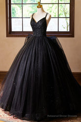 Black V-Neck Tulle Lace Prom Dress, Gorgeous A-Line Evening Party Dress